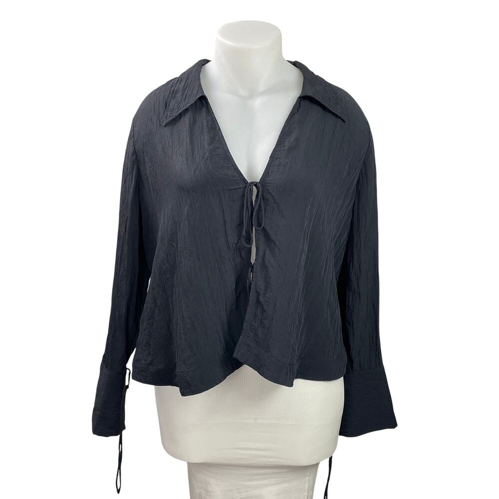 H&M Women's Gray Long Sleeve Tie Front Cuffed Collared V-neck Blouse Top Sz XL